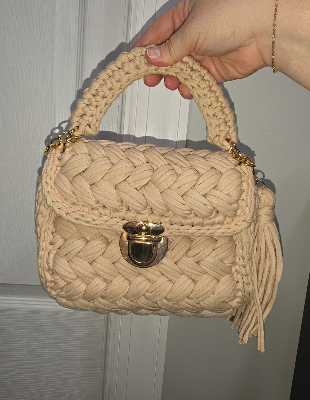 Handwoven Cream Braided Top-Handle Bag